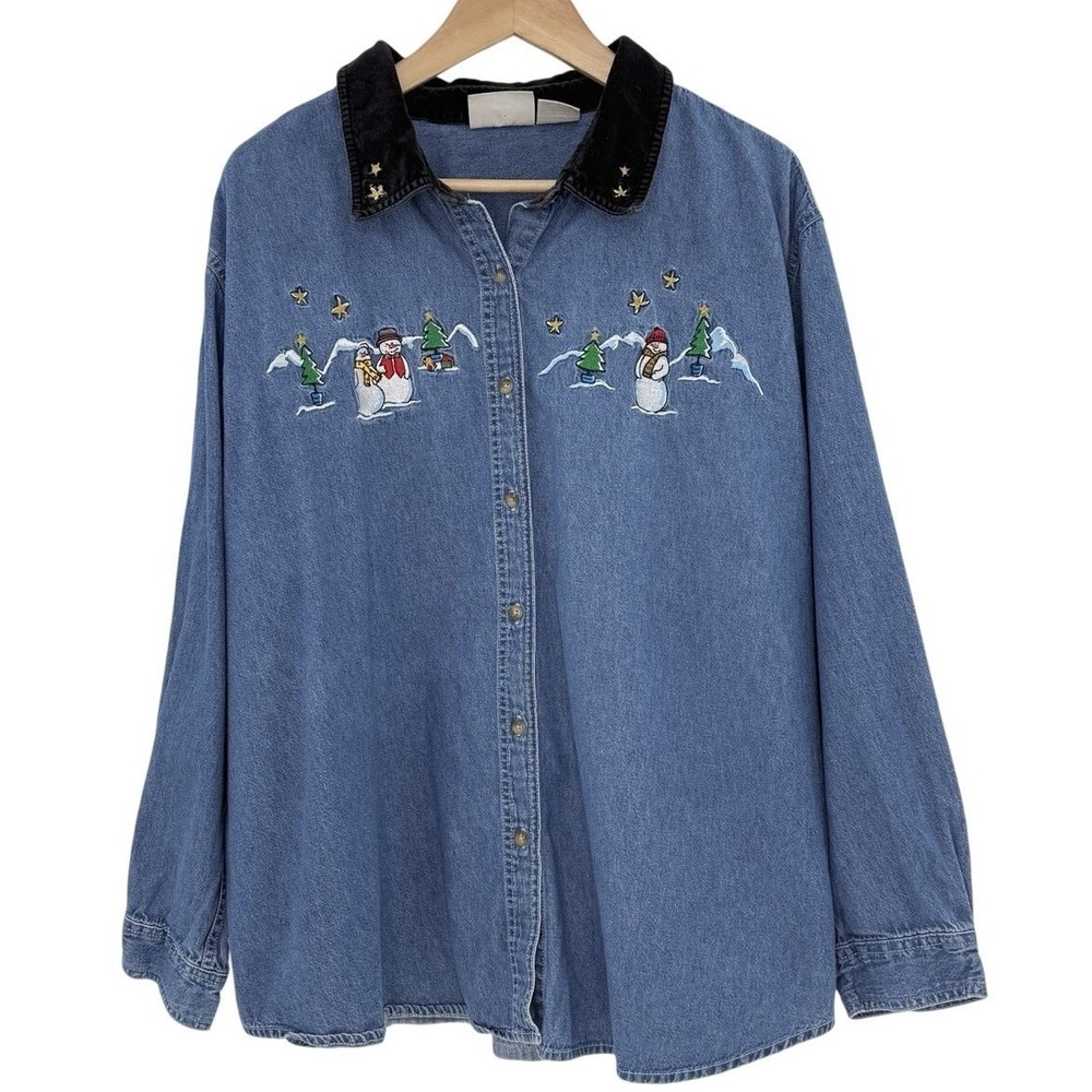 Vtg Basic Editions Plus Size Cotton Christmas Demin Shirt Velvet Collar 26W Snow